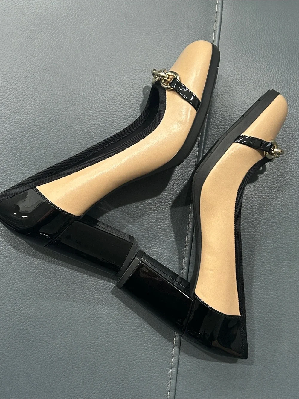 Anne Klein Flex Tan and Black Block Shiny Heels Pumps with Chain Accent